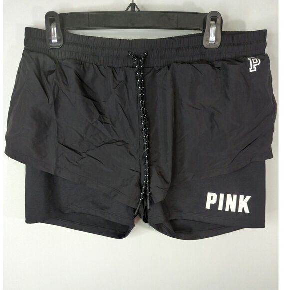 NWT PINK Victoria's Secret Black‎ 2 in 1 Sports Shorts Running Workout Size L - Picture 3 of 9
